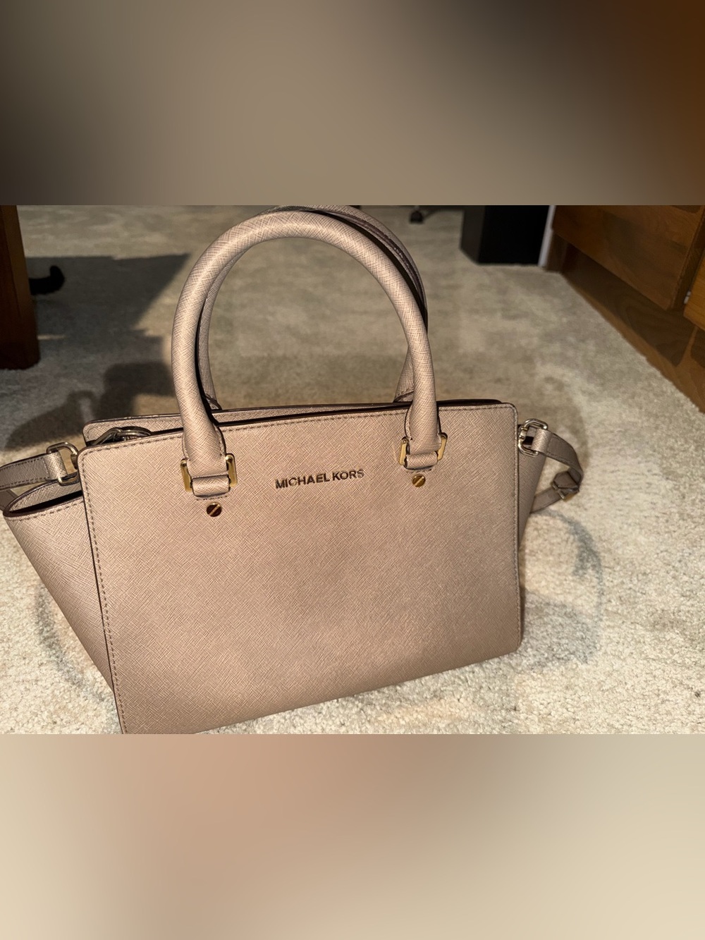 Michael Kors Saffiano Satchel in Taupe Beige with Gold Hardware